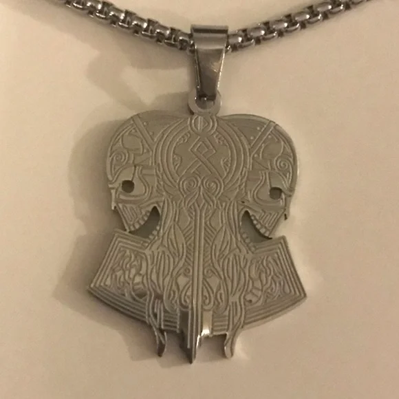 “Opposing Tribal Skulls” Native American Aztec Celtic Nordic Conjoined Necklace - Picture 8 of 13